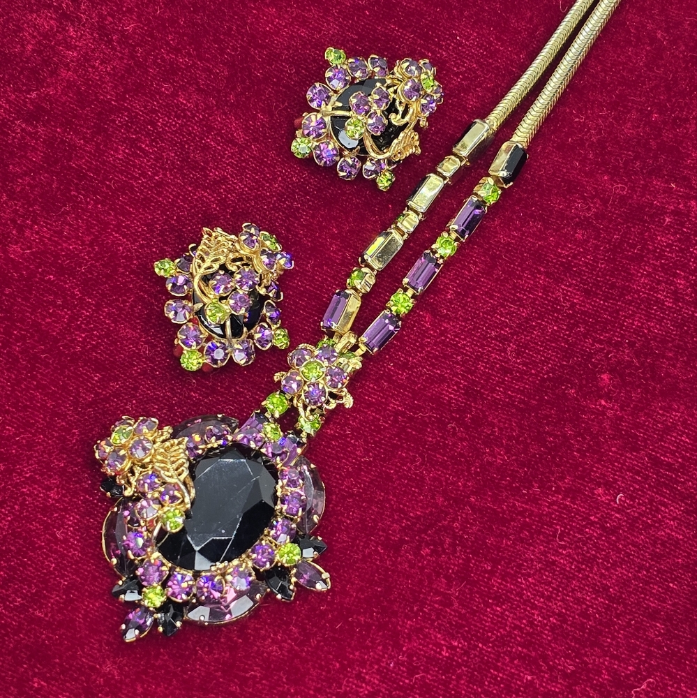 Vintage Gold Alice Caviness Purple Green Necklace and Earring Set